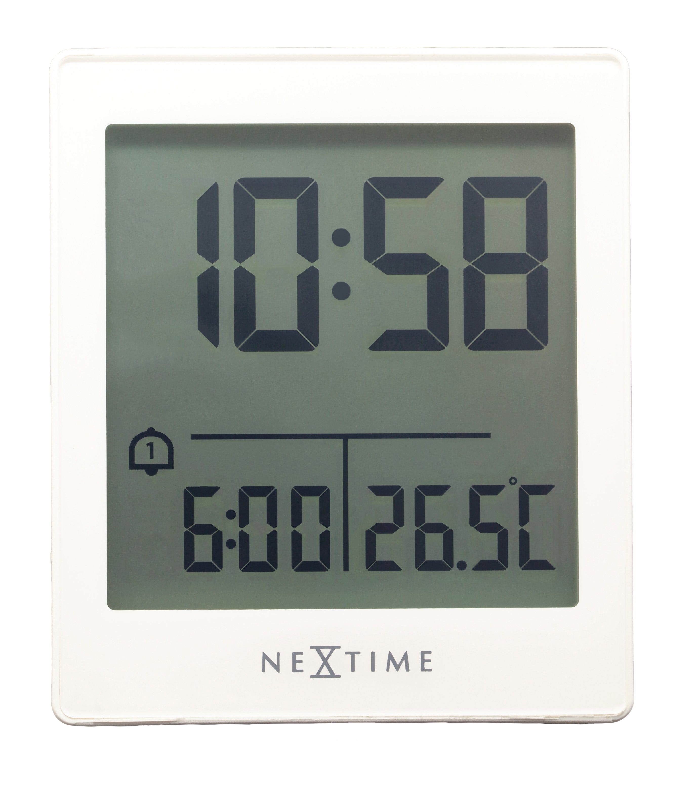 NeXtime Digital Table Alarm Clock with black display, compact size 7.7x8.9x3cm, featuring "Wake Up" function and modern design